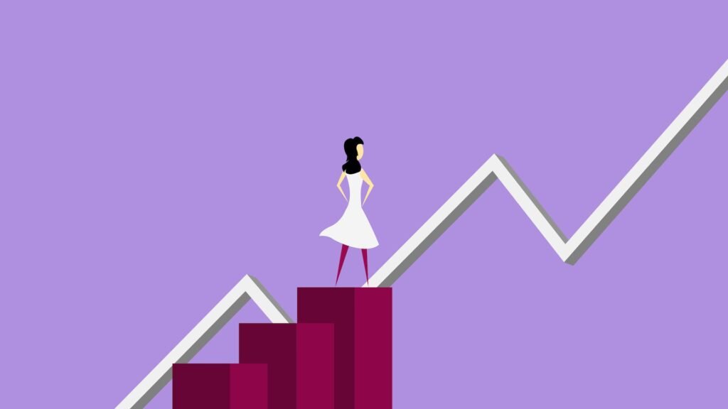 alt=" a cartoon figure of a woman standing on top of a bar graph with a line rising from bottom to top part of education background"